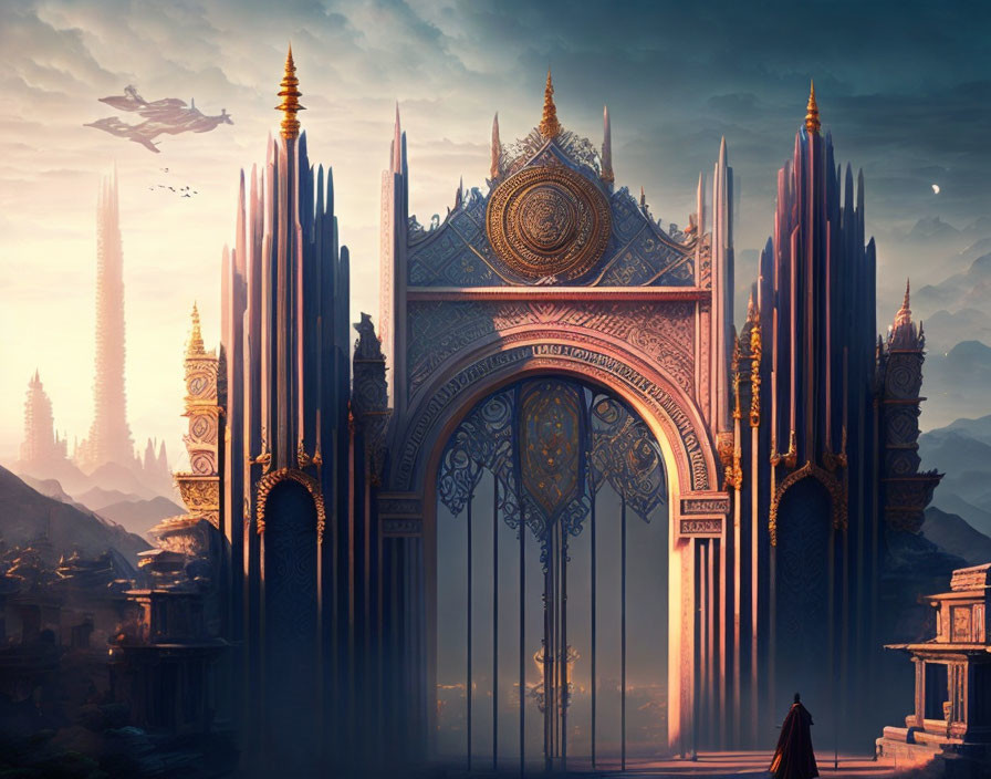 Fantasy city gates, spires, distant castle, ships, figure in dusk sky