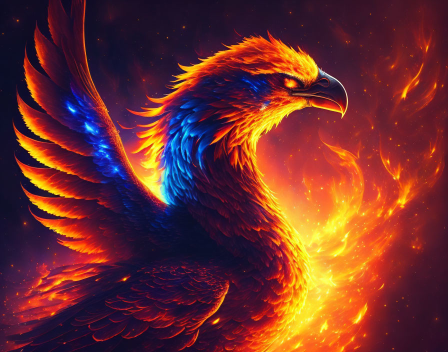 Colorful Phoenix Illustration with Blue and Orange Plumage on Starry Background