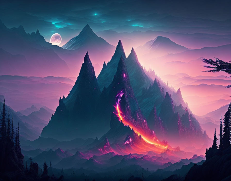 Surreal neon-lit landscape with towering mountains at twilight