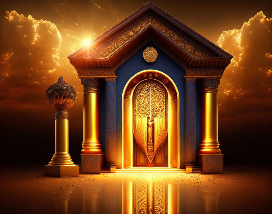 Golden Fantasy Temple Doors Reflecting Radiant Sunset