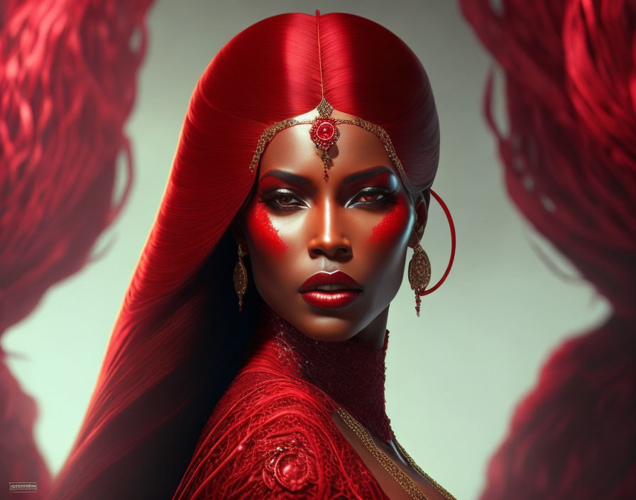 Digital artwork: Woman with red headgear, makeup, intricate jewelry, dramatic lighting