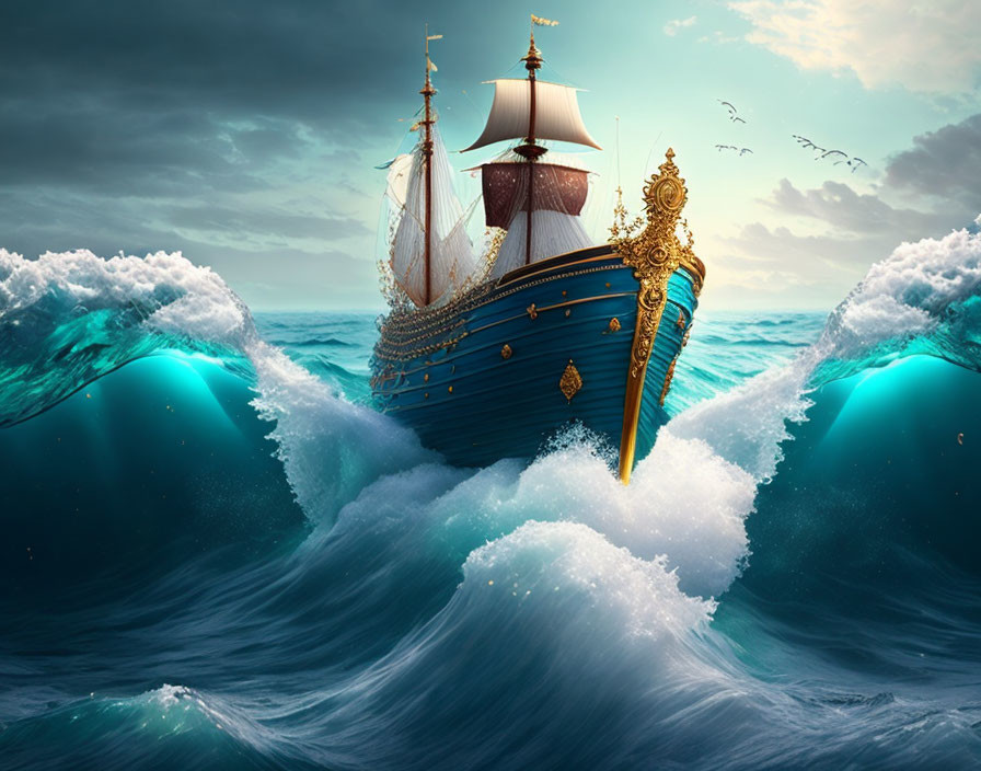 Ornate golden ship sails turbulent ocean under dramatic sky