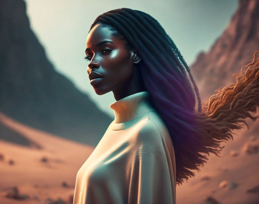 Woman with long ombré braids in desert with glowing skin