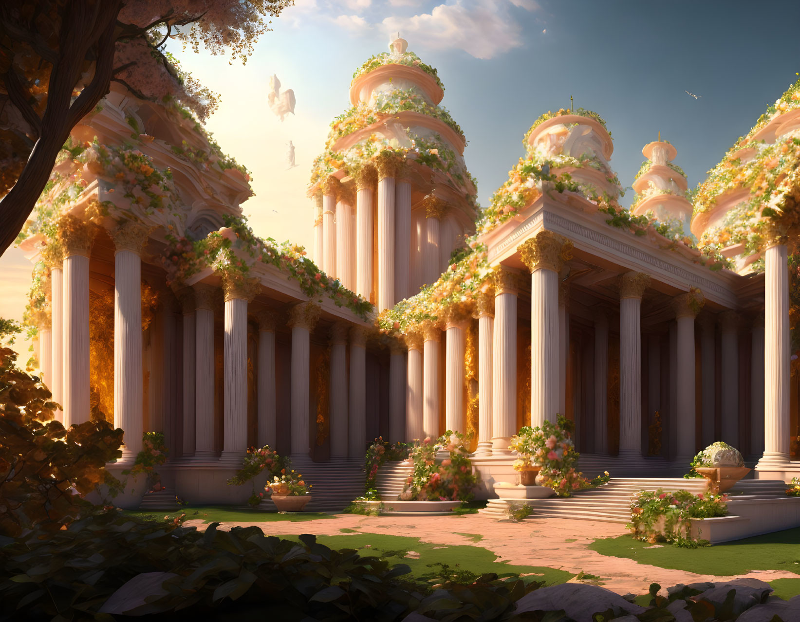 Fantasy temple with towering columns in sunlight