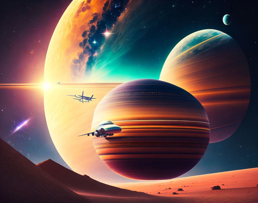 Colorful sci-fi desert landscape with flying spaceships