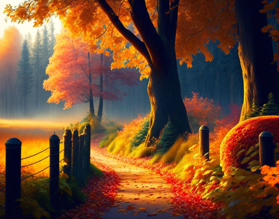 Tranquil autumn path with vibrant foliage and golden sunlight