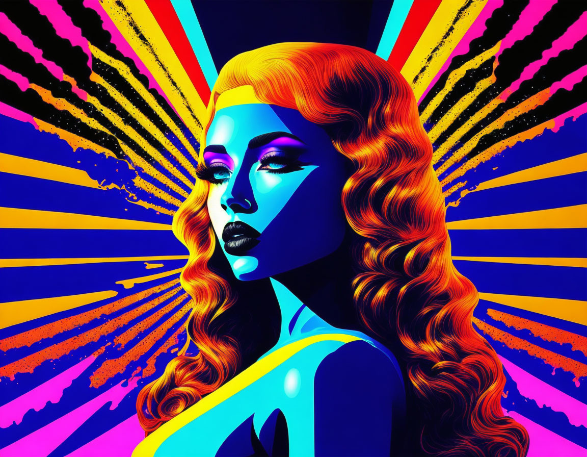 Colorful Pop Art Style Portrait of Woman with Flowing Hair