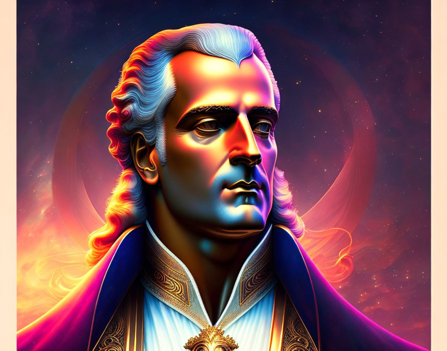 Colorful digital portrait of a man with 18th-century style and cosmic backdrop