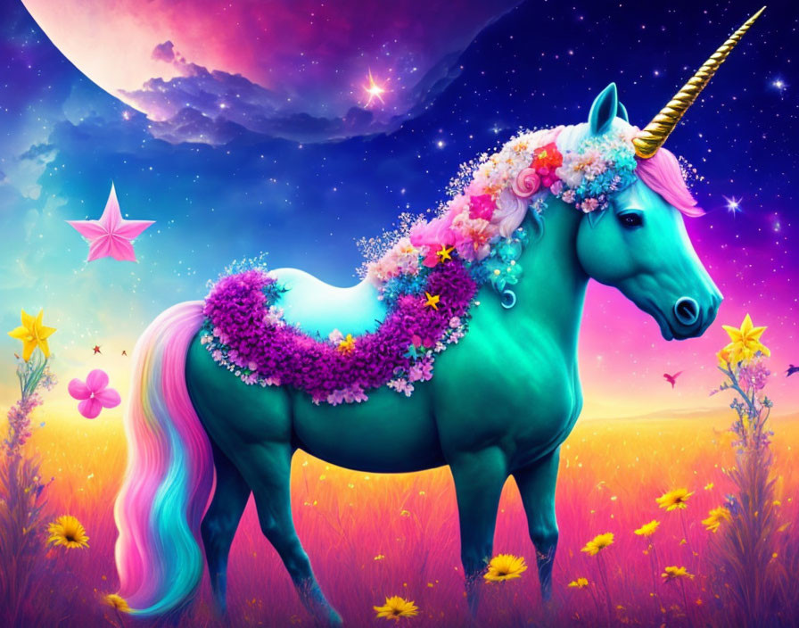 Colorful mythical unicorn illustration with rainbow horn and flower-adorned mane in starry sky.