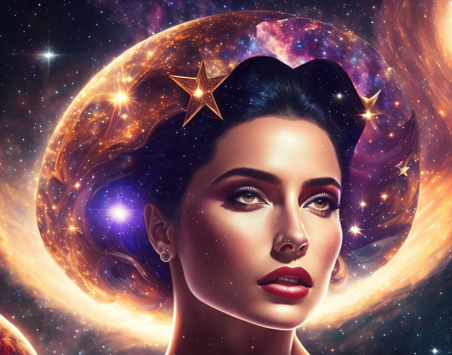 Cosmic-themed digital artwork of a woman with celestial features