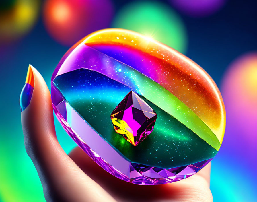 Vibrant Multifaceted Rainbow Gem Held in Hand