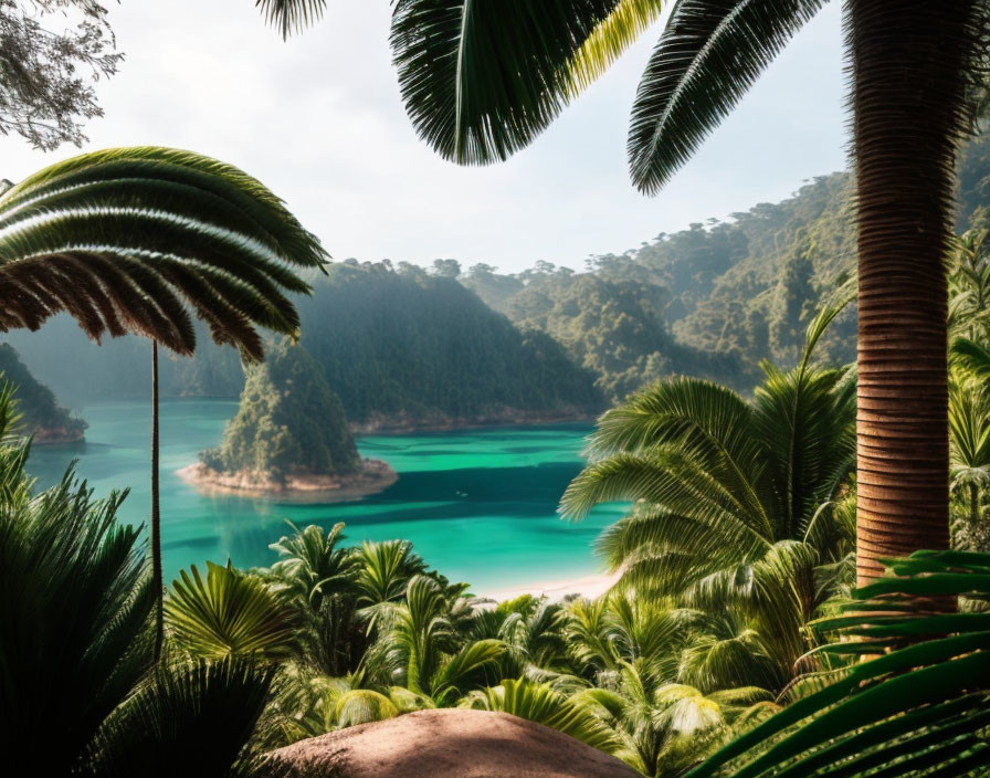 Tropical landscape with palm fronds, blue lake, and forest island