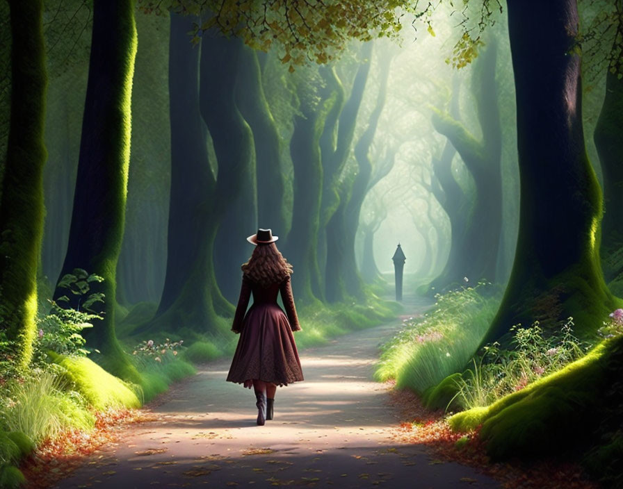 Person in Vintage Clothing Walking in Sunlit Forest Path