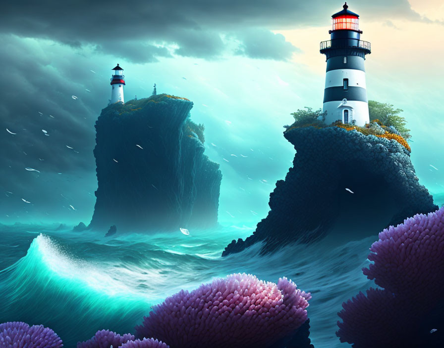 Lighthouses on Steep Cliffs Over Turbulent Ocean with Birds and Colorful Coral