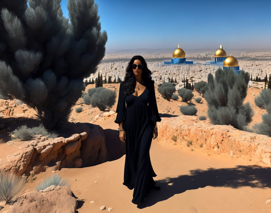 Woman in black dress in desert with city backdrop.