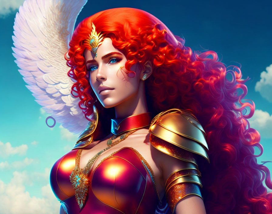 Vibrant artwork: Woman with red hair, white wings, golden armor & blue sky