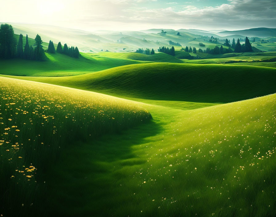 Scenic view of lush green hills and wildflowers in soft light