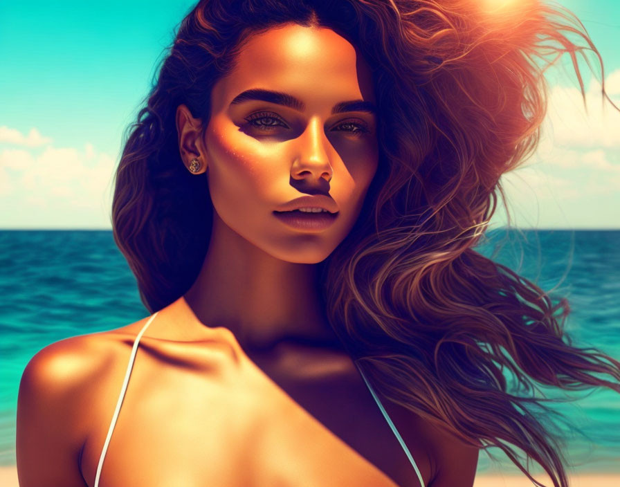 Woman with flowing hair in white strap against beach backdrop