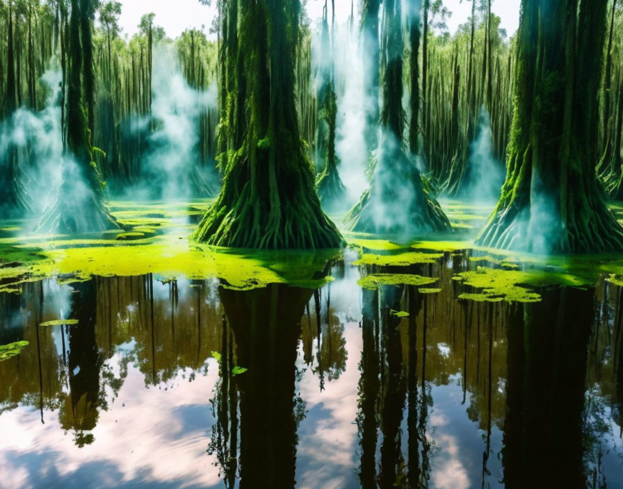 Sunlit Swamp: Moss-Covered Cypress Trees and Green Foliage Reflecting on Still Water
