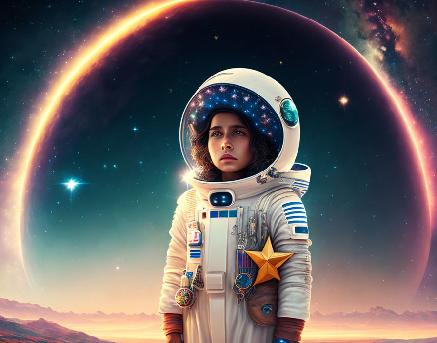 Child astronaut with reflective visor in cosmic setting.