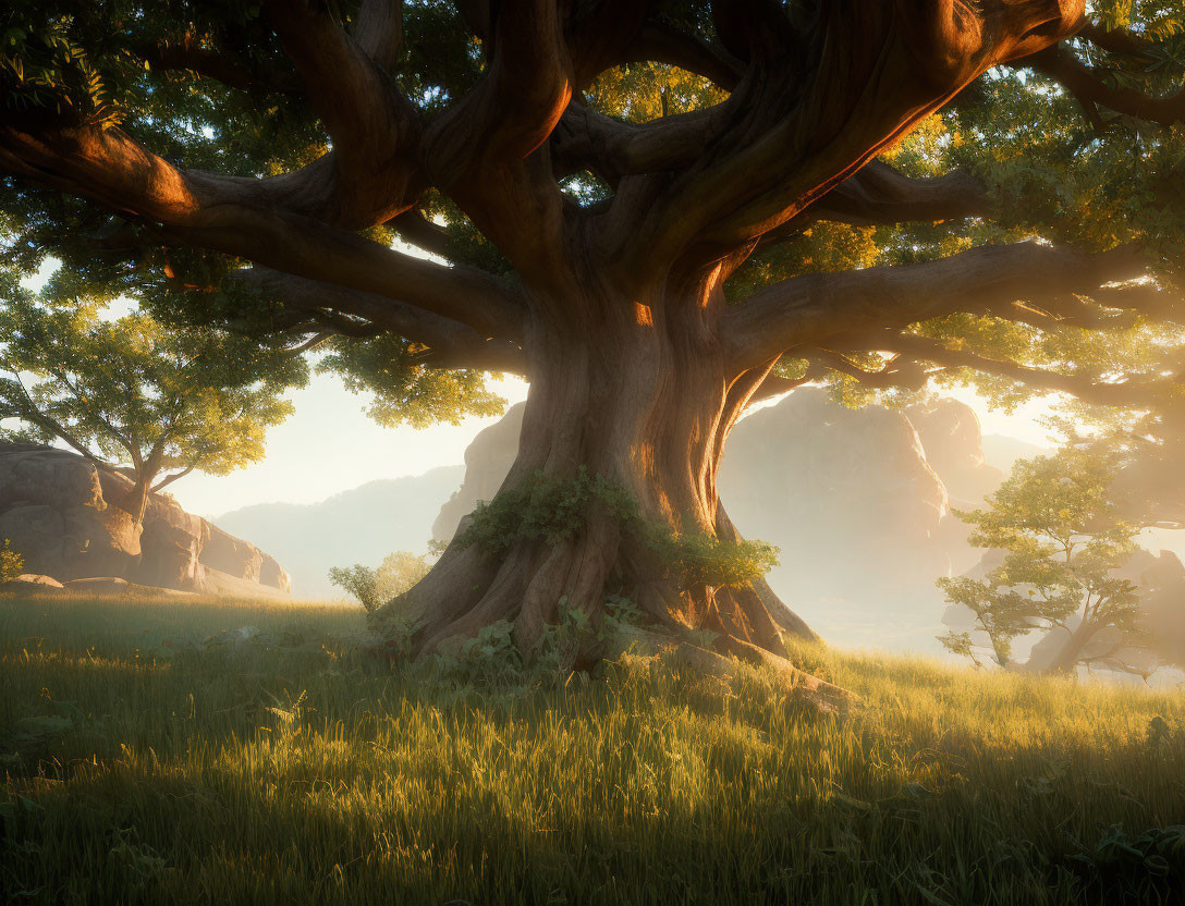 Majestic tree with thick trunk and sprawling branches in sunlit glade