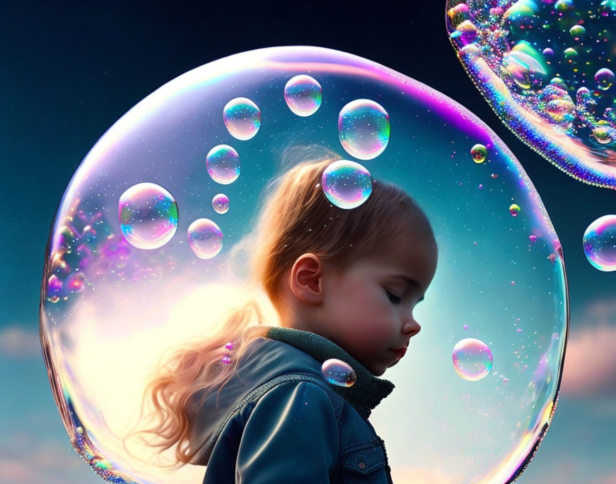 Child profile gazing at iridescent bubbles in twilight sky