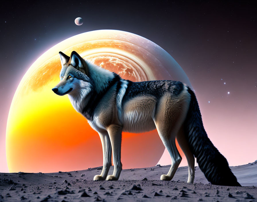 Lone wolf on barren landscape with orange planets under starlit sky