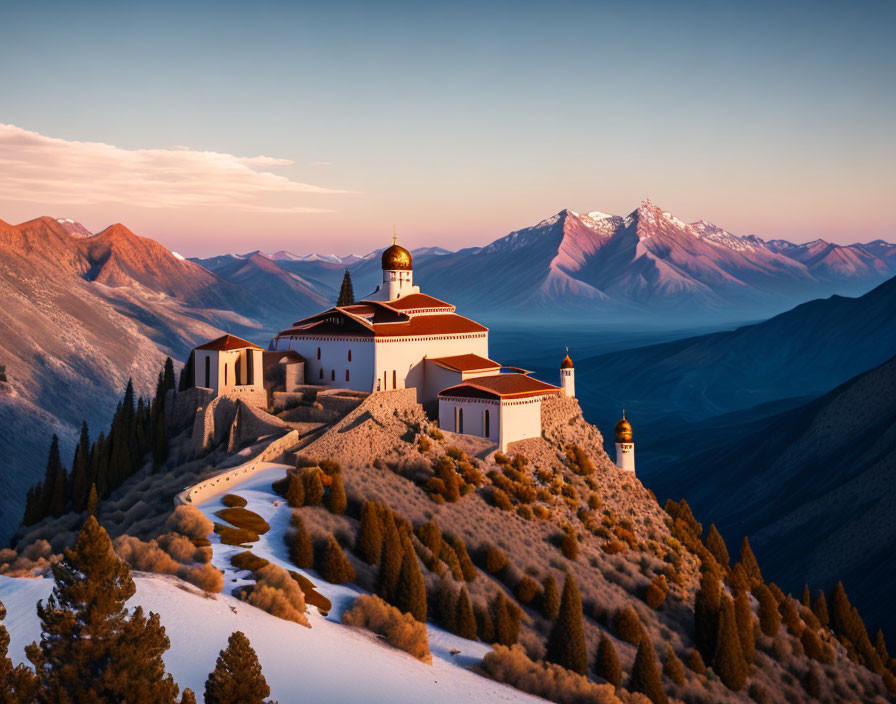 White Building with Golden Dome Overlooking Snowy Mountains at Sunset