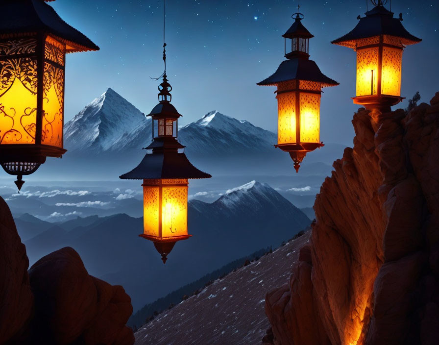 Snow-capped mountains under starry sky with glowing lanterns