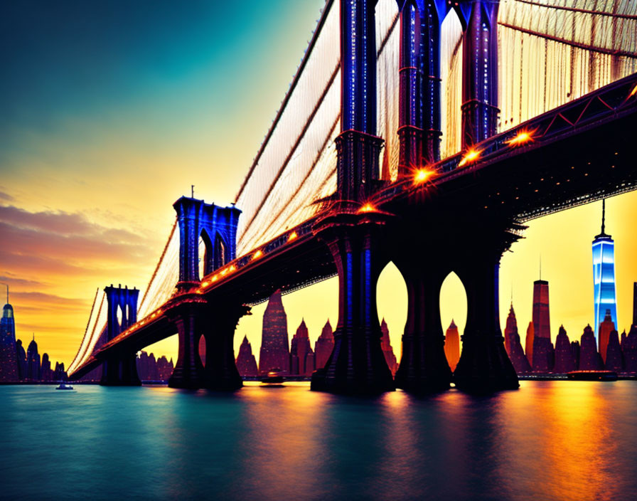 Lit-up suspension bridge over tranquil river at sunset with city skyline.