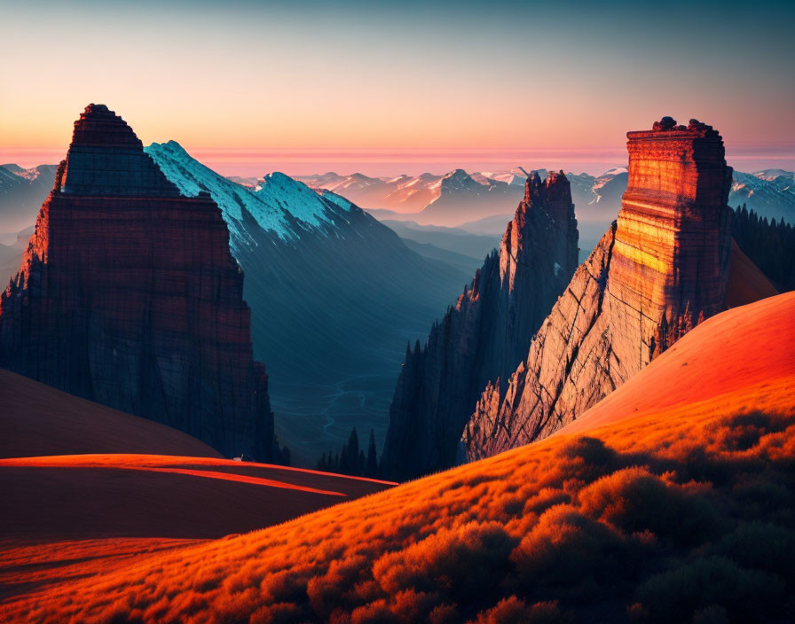 Majestic sunset landscape with towering rock formations