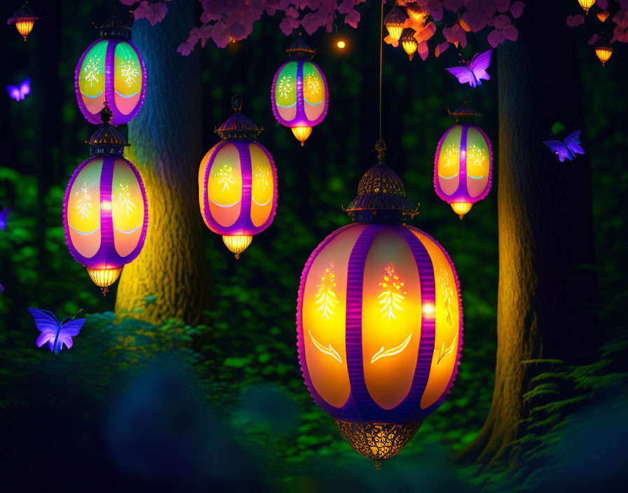 Colorful Lanterns Hanging from Tree Branches in Night Setting with Butterflies and Greenery