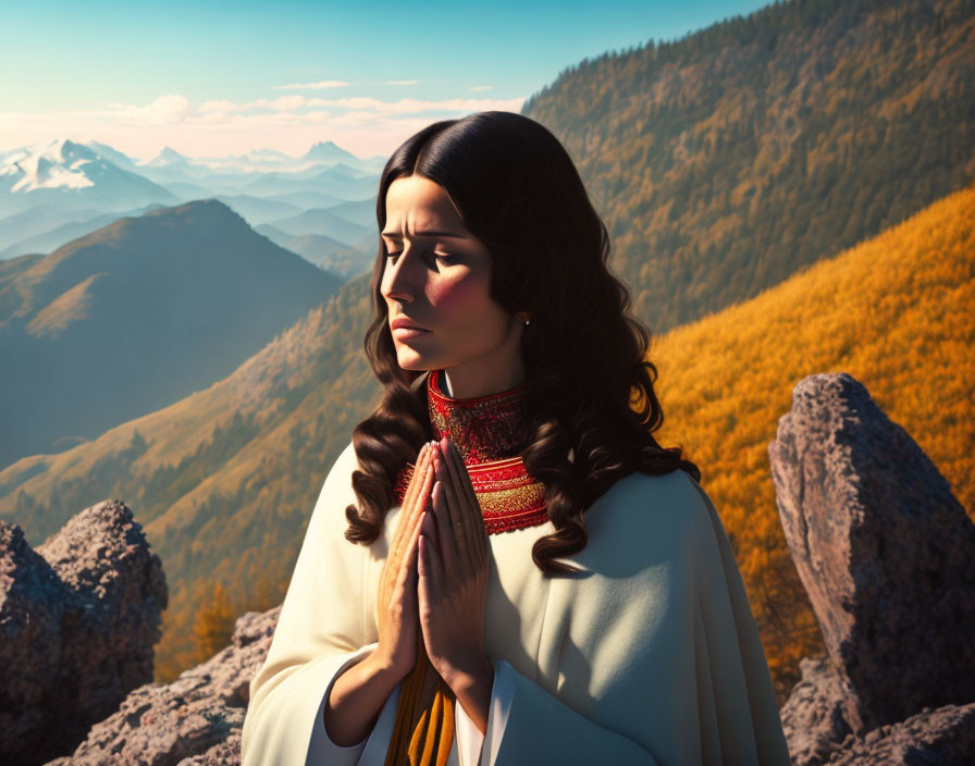 Woman in cultural attire praying in mountainous landscape