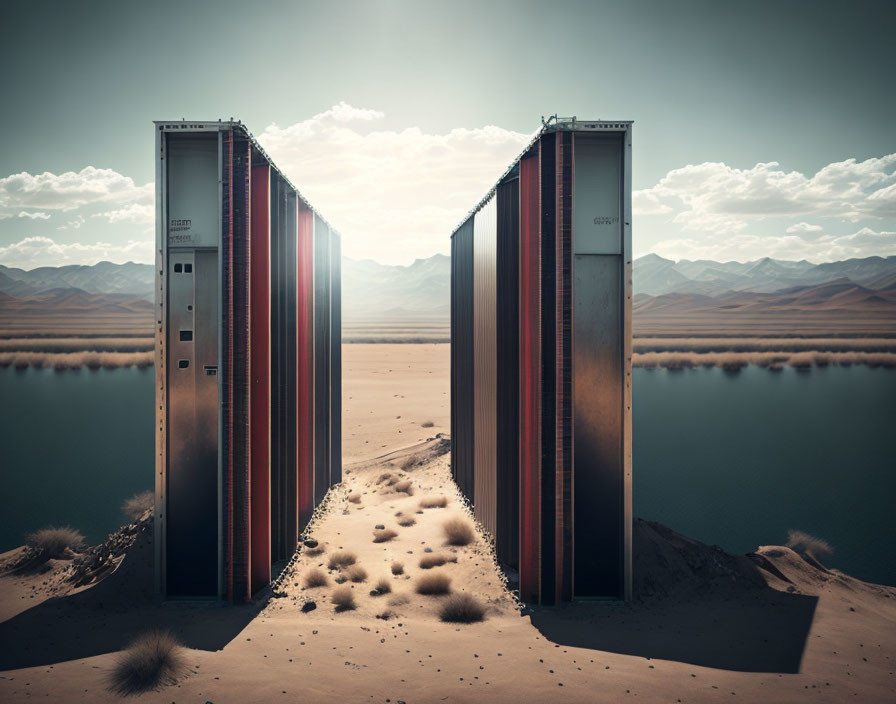 Symmetrical open cargo containers in desert landscape