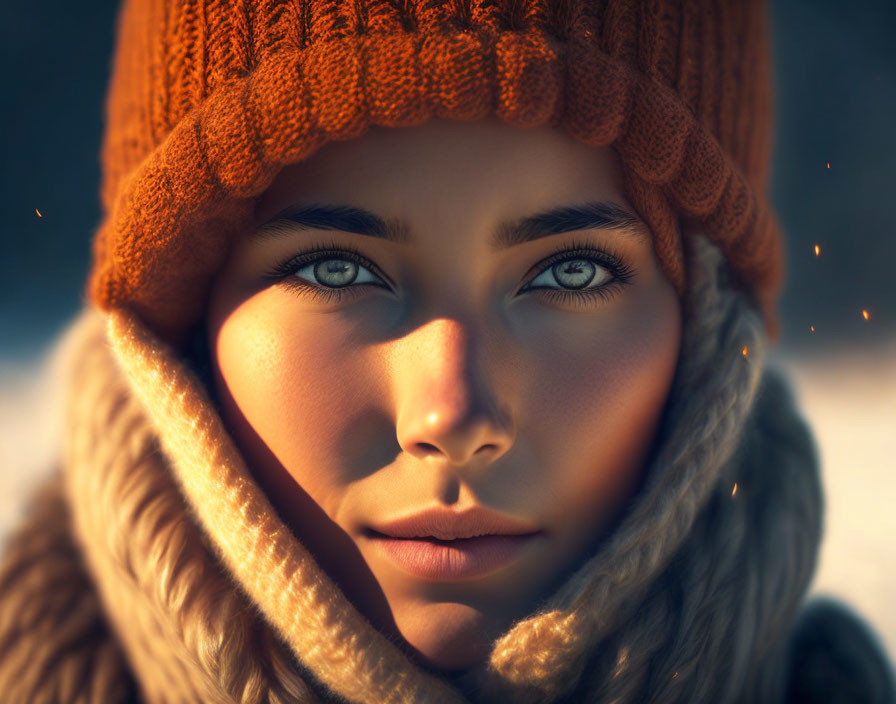 Person with blue eyes in orange hat and scarf in winter scene