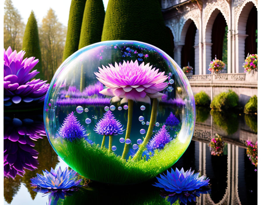 Vibrant ecosystem in transparent bubble near ornate building