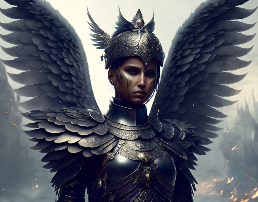 Female warrior with majestic wings in ornate armor on battle-scarred backdrop