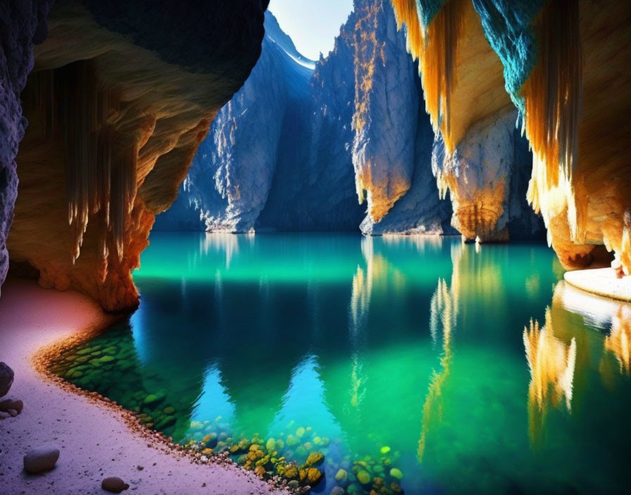 Sunlit walls and turquoise water in luminous cave