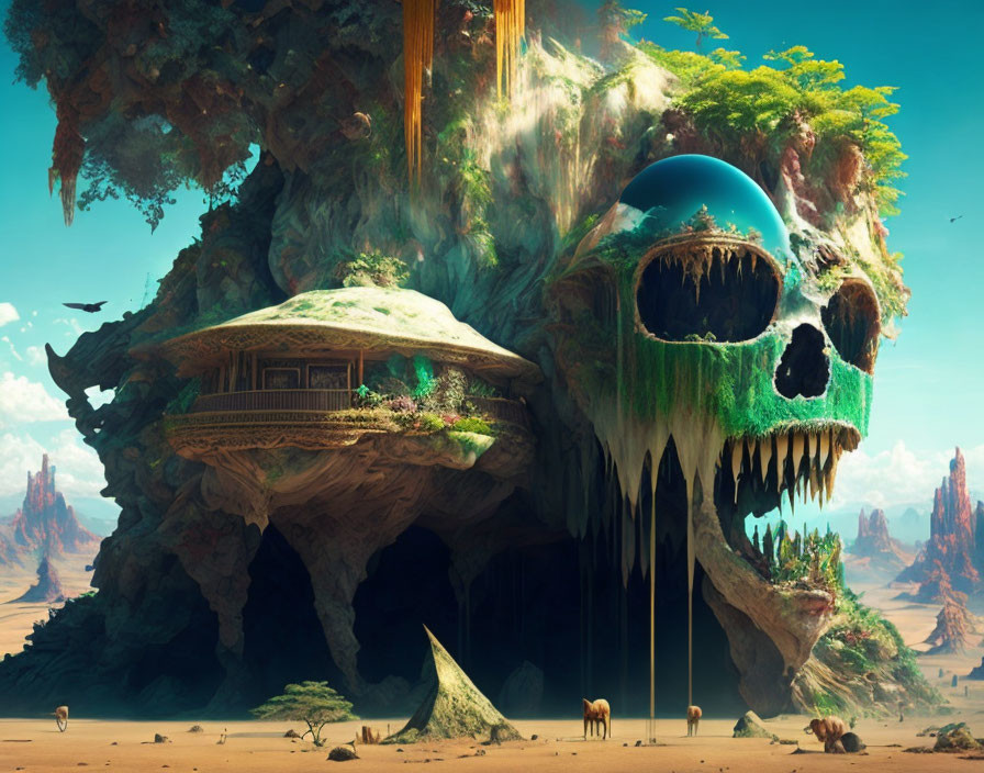 Skull-shaped futuristic structure with greenery, waterfall, blue dome in desert with animals