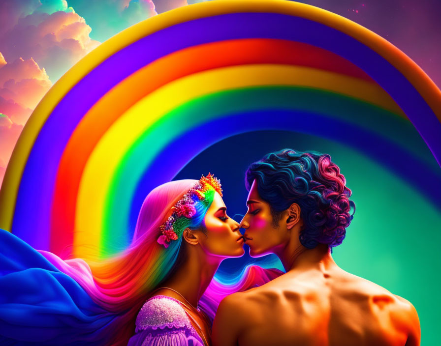 Colorful Hair Figures Embrace Under Rainbow Sky