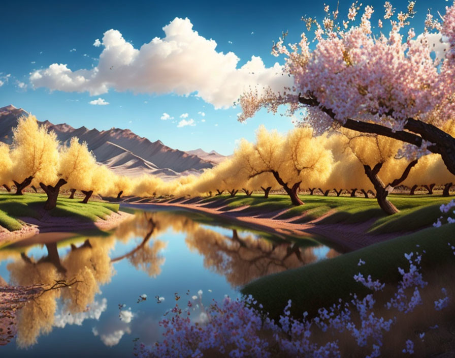 Tranquil river landscape with golden and pink trees under blue sky