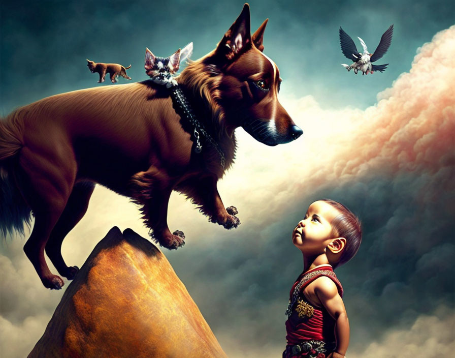 Child in tribal attire gazes at large dog on rock with bird and animal, under dramatic sky.