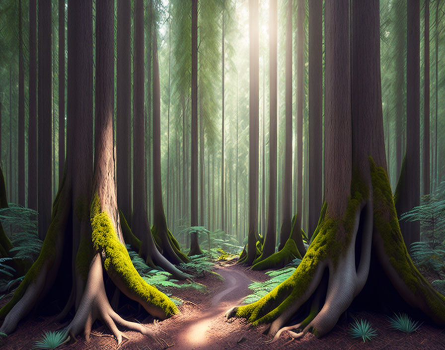 Serene forest path with moss-covered roots and towering trees