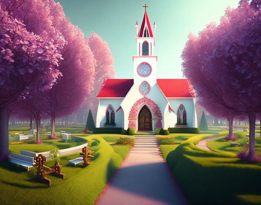 Quaint church with red roof surrounded by vibrant purple trees and green lawns