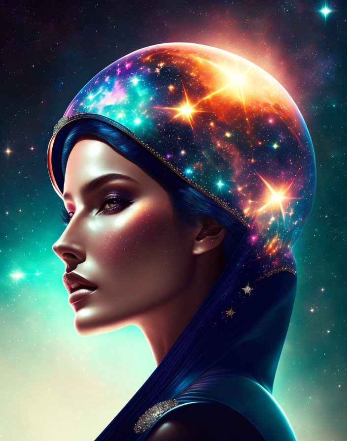 Cosmic-themed digital artwork featuring a woman with a starry headscarf.