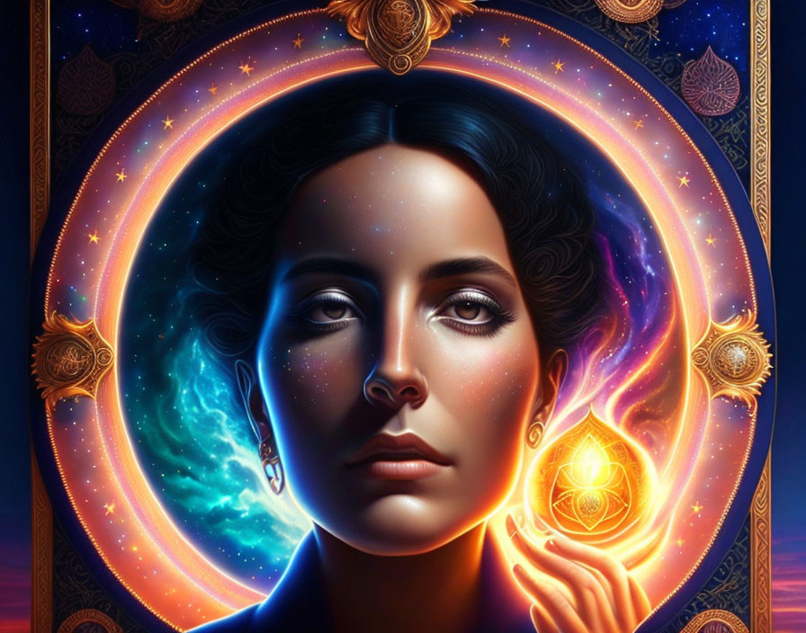 Digital art portrait featuring woman with cosmic motifs and spiritual symbols.