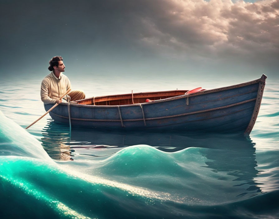 Man Rowing Boat on Calm Waters Under Dramatic Sky