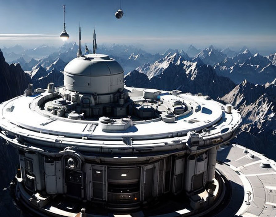 Futuristic mountain-top observatory with domes and antennae amidst jagged peaks and distant planets