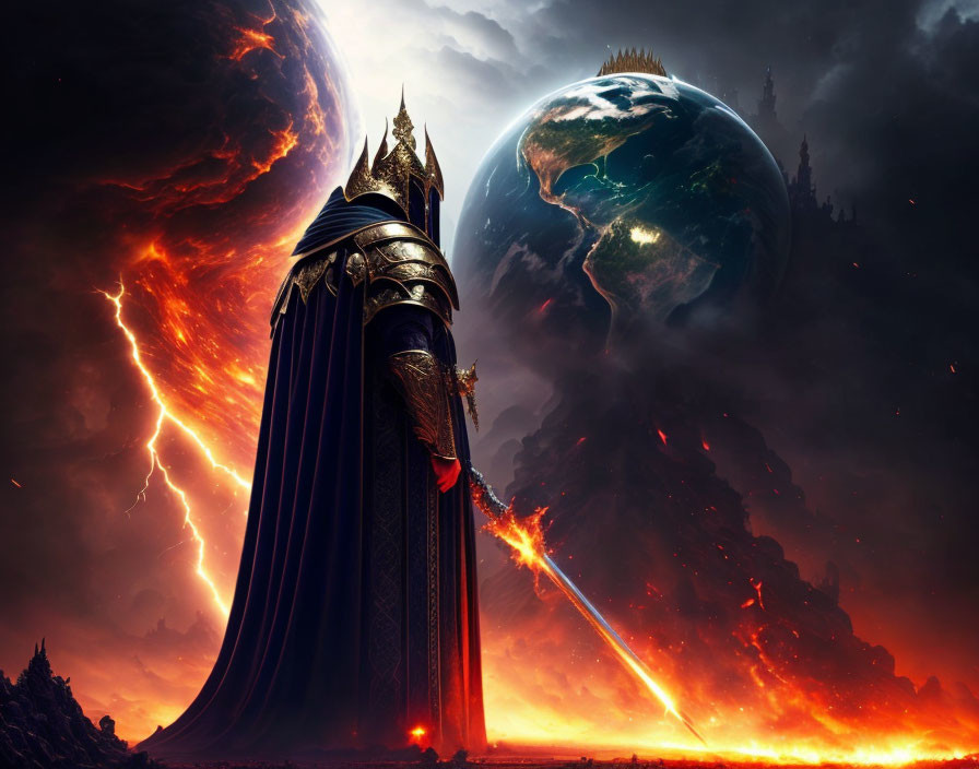 Cloaked Figure in Fiery Landscape with Planet and Lightning