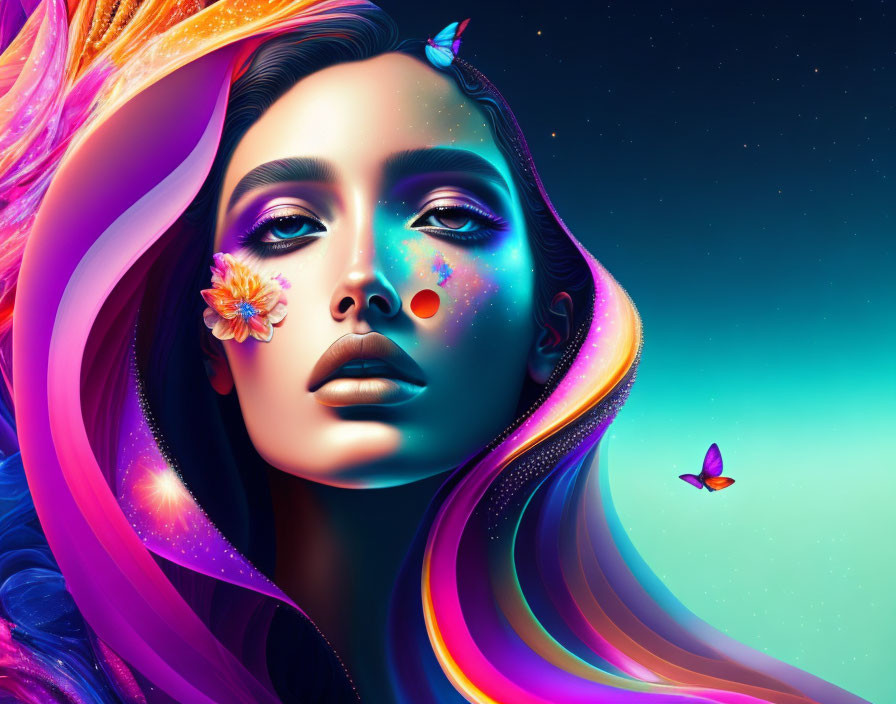 Vibrant digital art portrait of woman with cosmic makeup and colorful hair